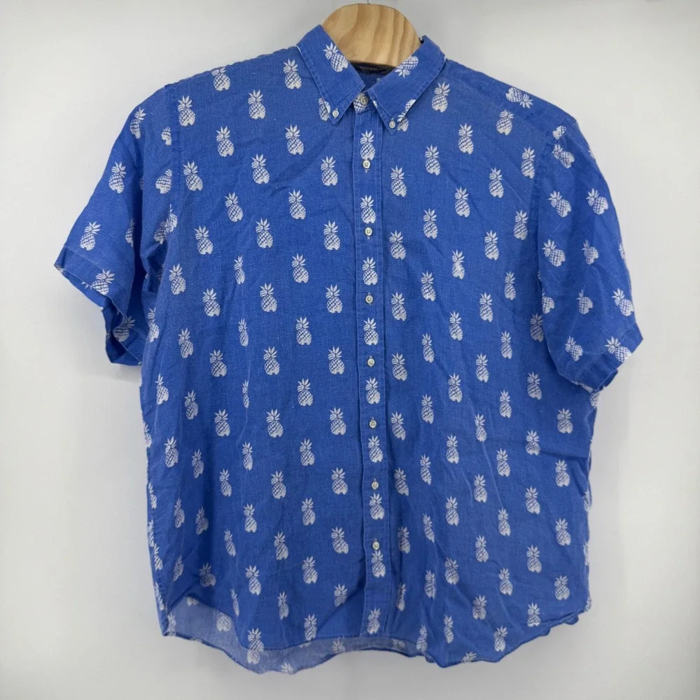 Polo Ralph Lauren Mens 2XB Blue Pineapple Print 100% Linen Short Sleeve Shirt